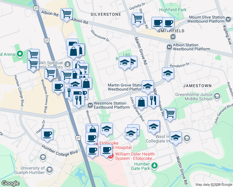 map of restaurants, bars, coffee shops, grocery stores, and more near 25 Hun Crescent in Toronto
