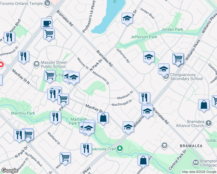 map of restaurants, bars, coffee shops, grocery stores, and more near in Brampton