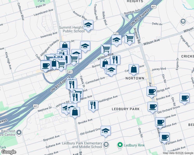 map of restaurants, bars, coffee shops, grocery stores, and more near 188 Carmichael Avenue in Toronto