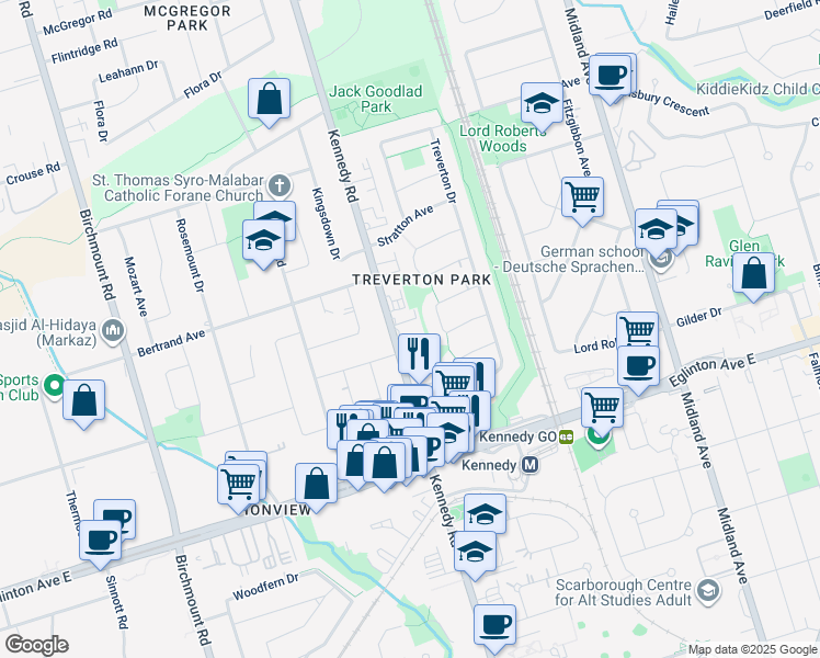 map of restaurants, bars, coffee shops, grocery stores, and more near in Toronto
