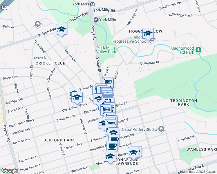 map of restaurants, bars, coffee shops, grocery stores, and more near 2 Doncliffe Place in Toronto