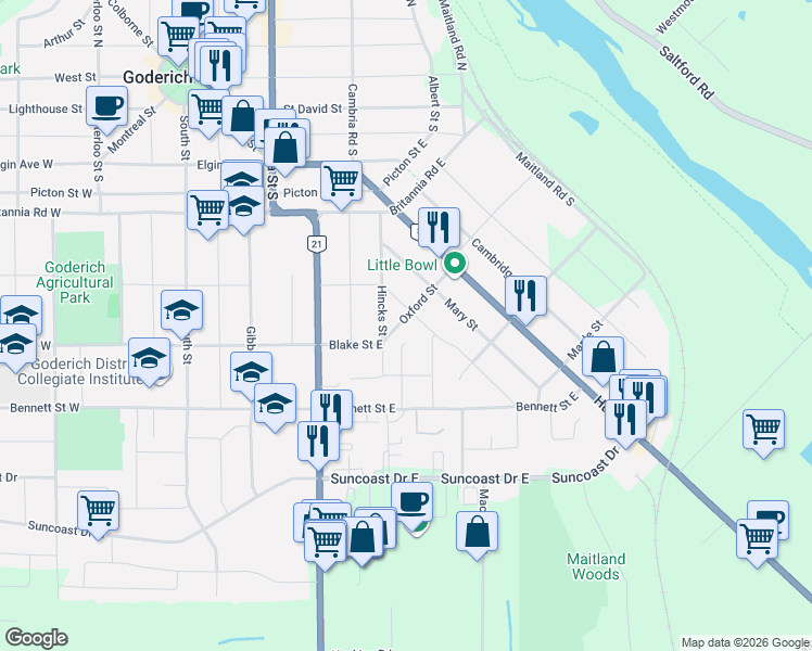 map of restaurants, bars, coffee shops, grocery stores, and more near 106 Oxford Street in Goderich