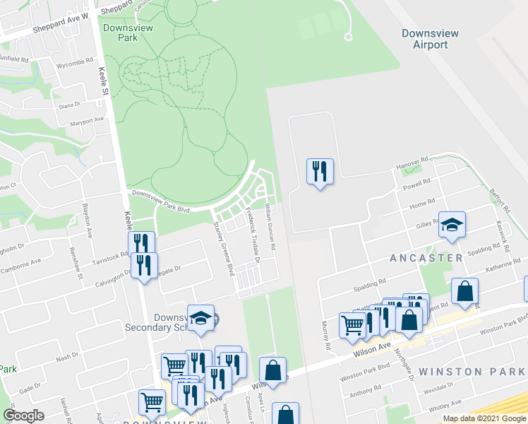 map of restaurants, bars, coffee shops, grocery stores, and more near 134 William Duncan Road in Toronto