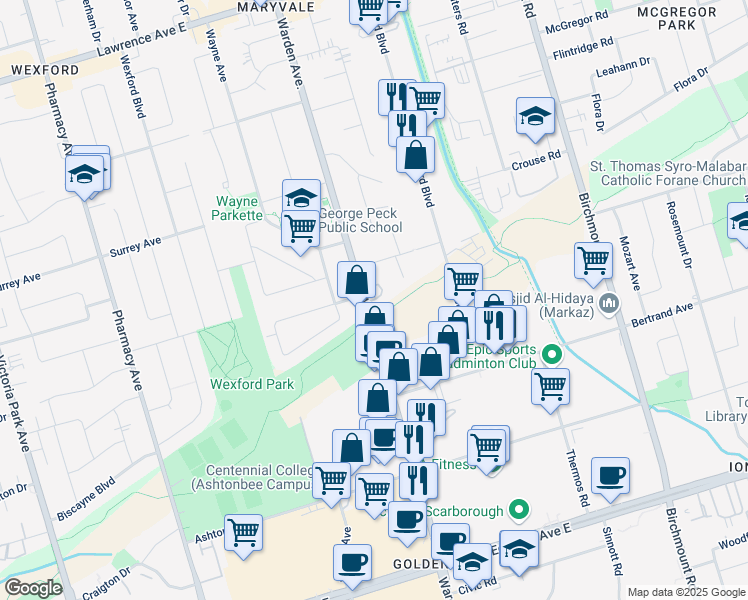 map of restaurants, bars, coffee shops, grocery stores, and more near Freemon Redmon Circle in Toronto