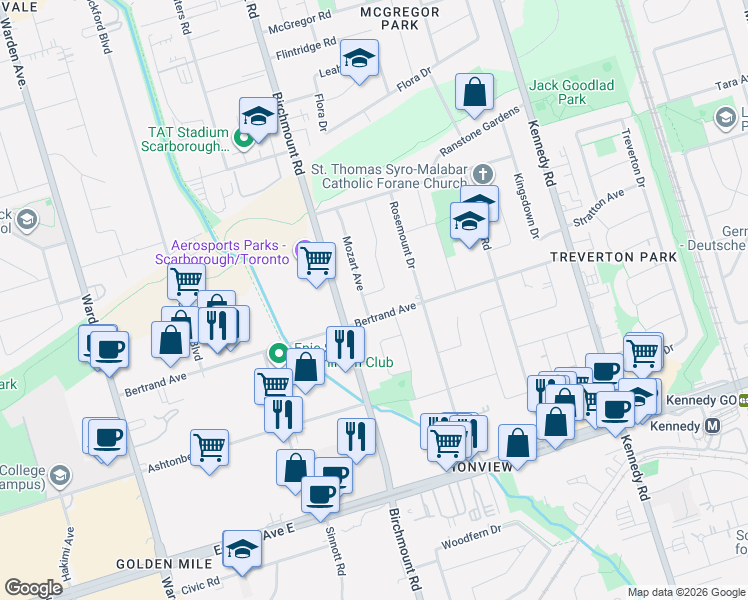 map of restaurants, bars, coffee shops, grocery stores, and more near 3 Chopin Avenue in Toronto