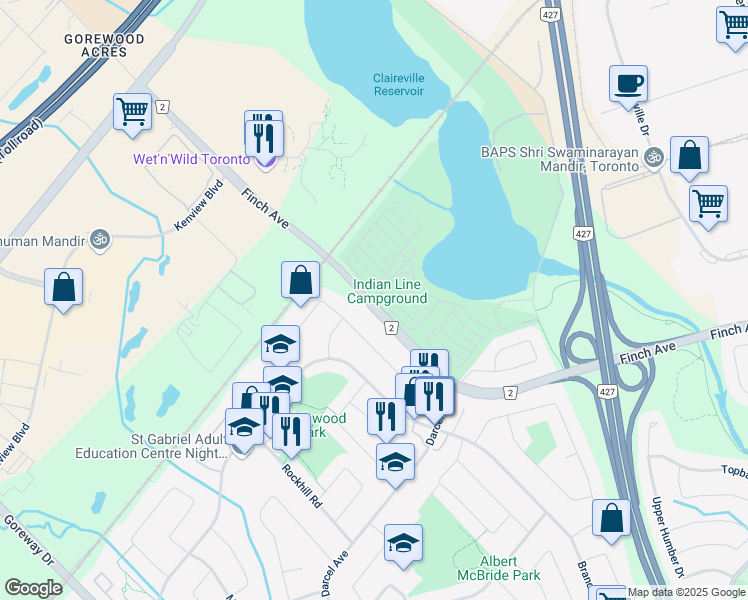 map of restaurants, bars, coffee shops, grocery stores, and more near 7625 Finch Avenue West in Mississauga