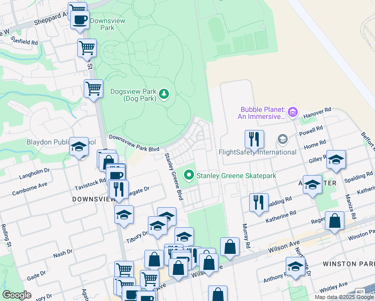map of restaurants, bars, coffee shops, grocery stores, and more near Thomas Mulholland Drive in Toronto