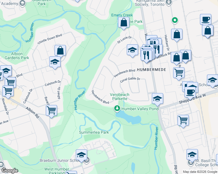 map of restaurants, bars, coffee shops, grocery stores, and more near 120 Verobeach Boulevard in Toronto