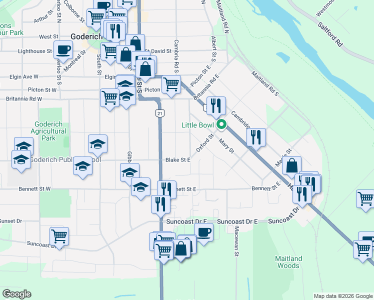 map of restaurants, bars, coffee shops, grocery stores, and more near 208 Hincks Street in Goderich