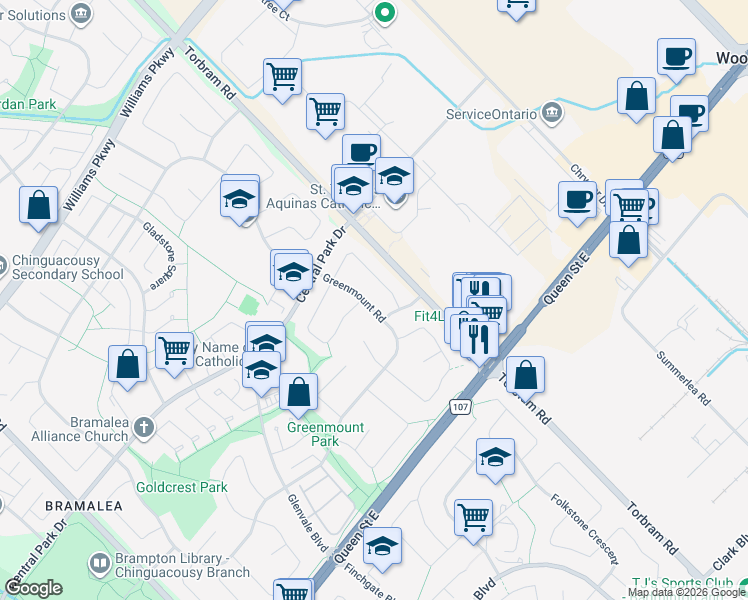map of restaurants, bars, coffee shops, grocery stores, and more near 80 Greenmount Road in Brampton