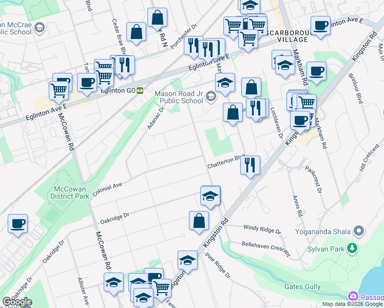 map of restaurants, bars, coffee shops, grocery stores, and more near in Toronto