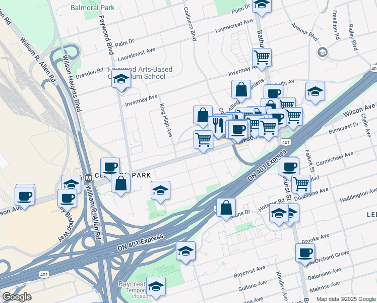 map of restaurants, bars, coffee shops, grocery stores, and more near in Toronto