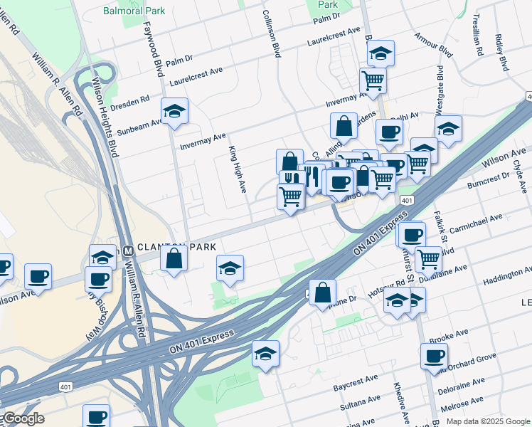 map of restaurants, bars, coffee shops, grocery stores, and more near in Toronto