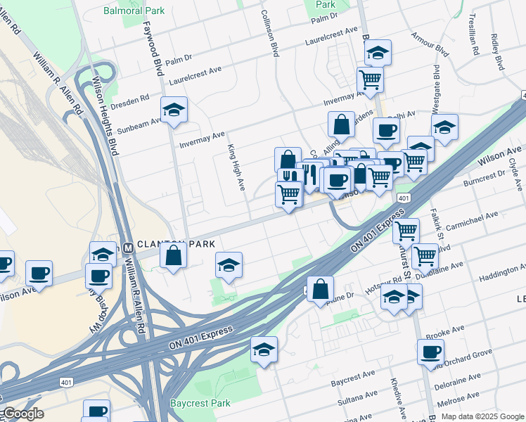 map of restaurants, bars, coffee shops, grocery stores, and more near in Toronto