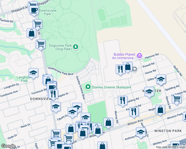 map of restaurants, bars, coffee shops, grocery stores, and more near 134 William Duncan Road in Toronto