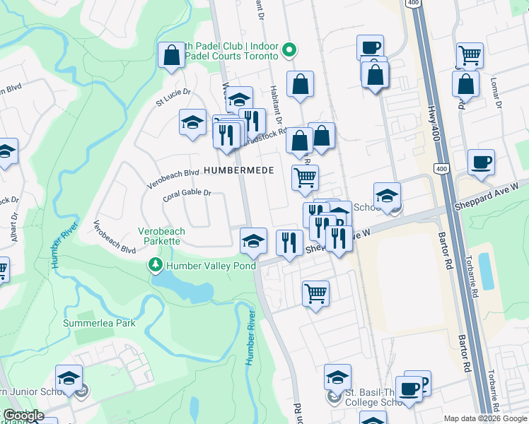 map of restaurants, bars, coffee shops, grocery stores, and more near 46 Samba Drive in Toronto