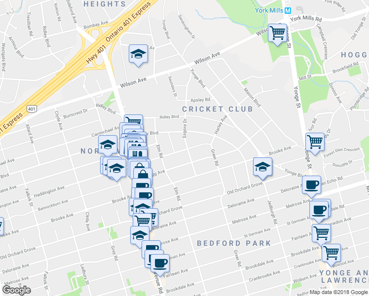 map of restaurants, bars, coffee shops, grocery stores, and more near 36 Esgore Drive in Toronto