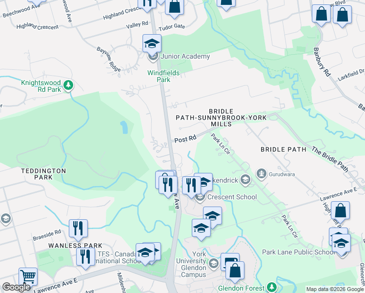 map of restaurants, bars, coffee shops, grocery stores, and more near 1 Post Road in Toronto