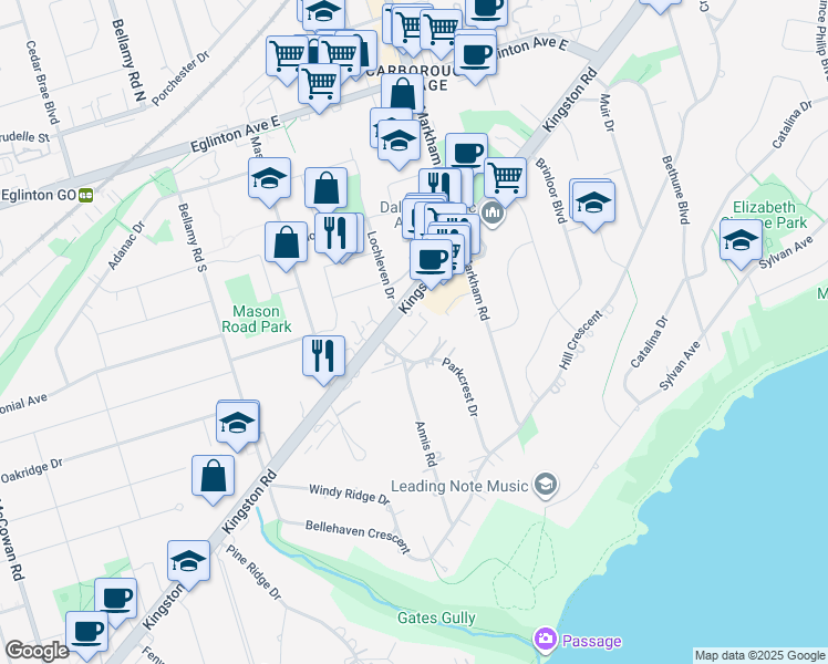 map of restaurants, bars, coffee shops, grocery stores, and more near 45 Parkcrest Drive in Toronto