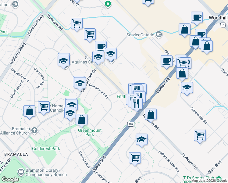 map of restaurants, bars, coffee shops, grocery stores, and more near 73 Groveland Crescent in Brampton