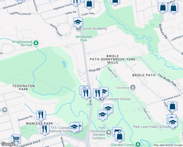 map of restaurants, bars, coffee shops, grocery stores, and more near 1 Post Road in Toronto