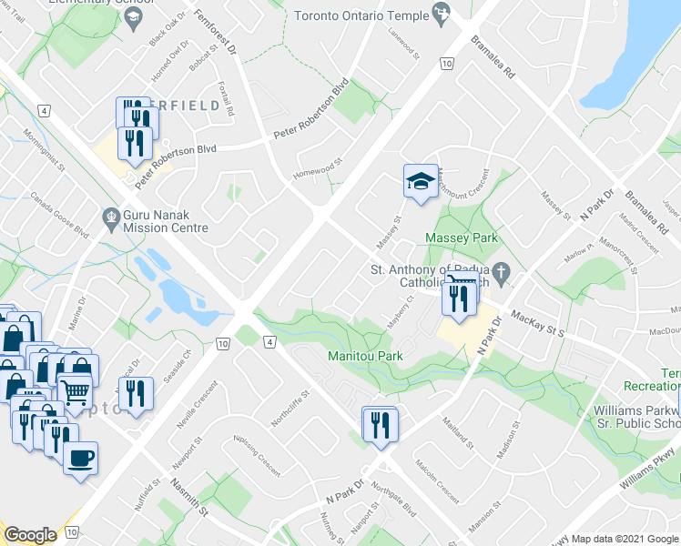 map of restaurants, bars, coffee shops, grocery stores, and more near 17 Manitou Crescent in Brampton