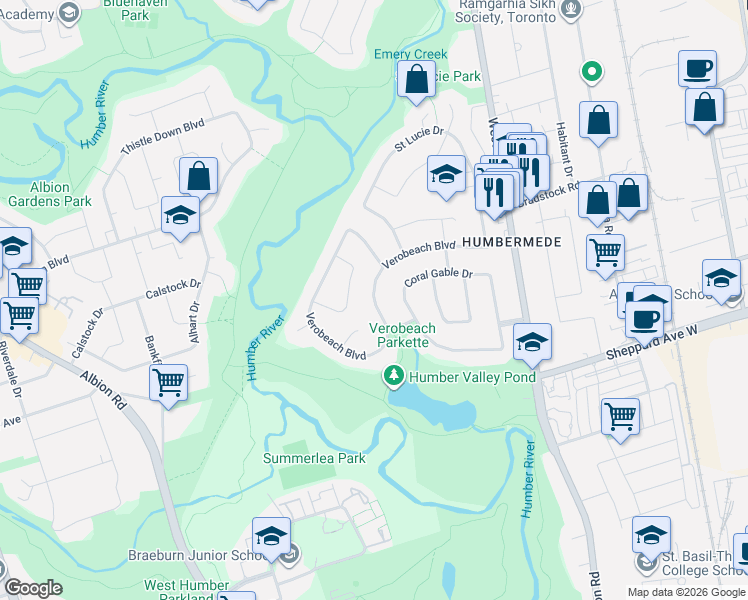 map of restaurants, bars, coffee shops, grocery stores, and more near 120 Verobeach Boulevard in Toronto