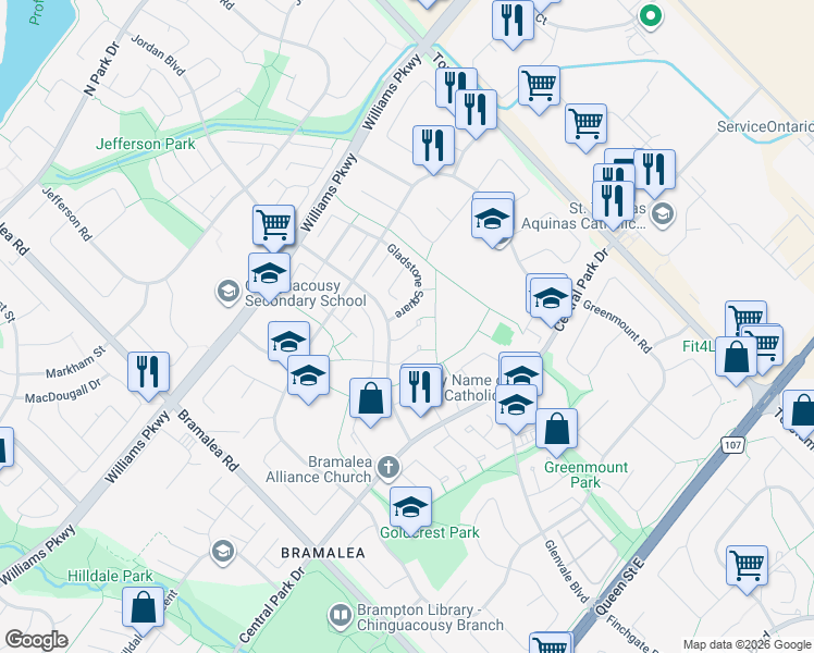 map of restaurants, bars, coffee shops, grocery stores, and more near 5 Glencairn Square in Brampton