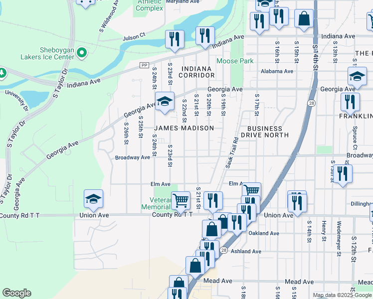 map of restaurants, bars, coffee shops, grocery stores, and more near 1643 South 22nd Street in Sheboygan
