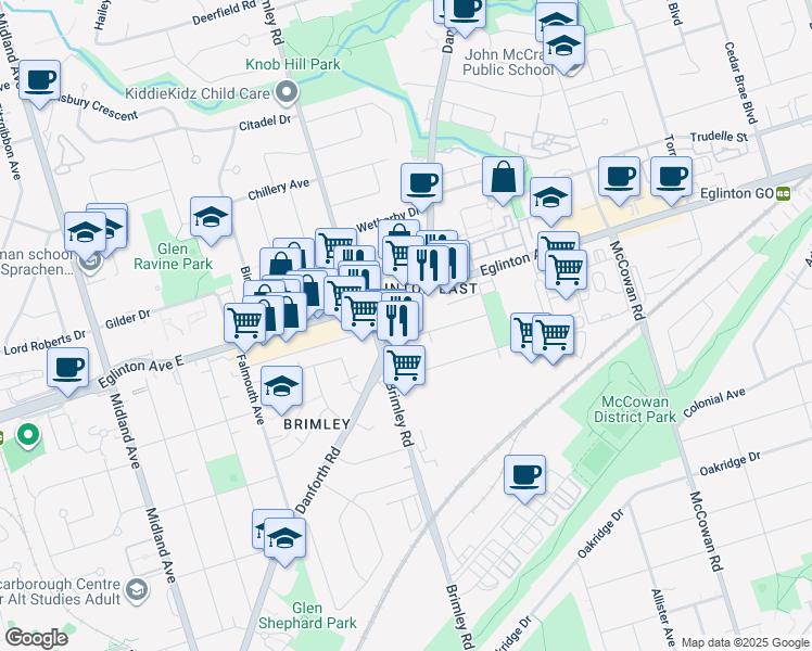 map of restaurants, bars, coffee shops, grocery stores, and more near 1081 Danforth Road in Toronto