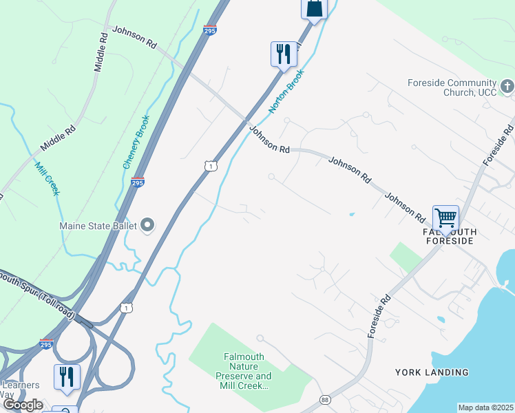 map of restaurants, bars, coffee shops, grocery stores, and more near 20 Northbrook Drive in Falmouth