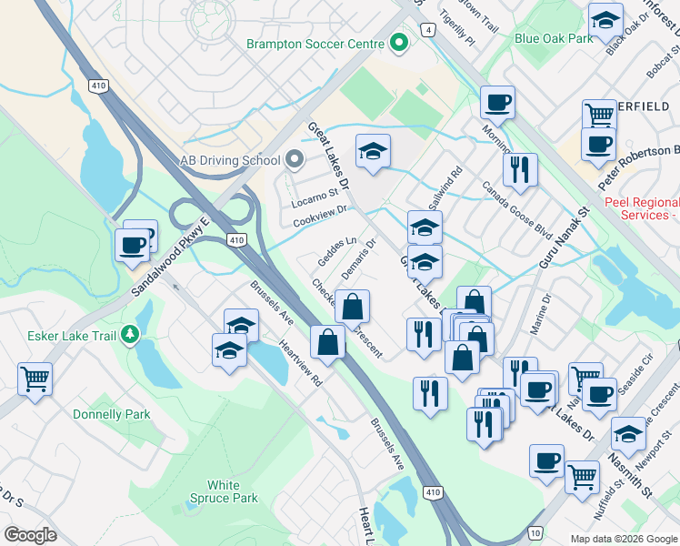 map of restaurants, bars, coffee shops, grocery stores, and more near 26 Lillian Crescent in Brampton