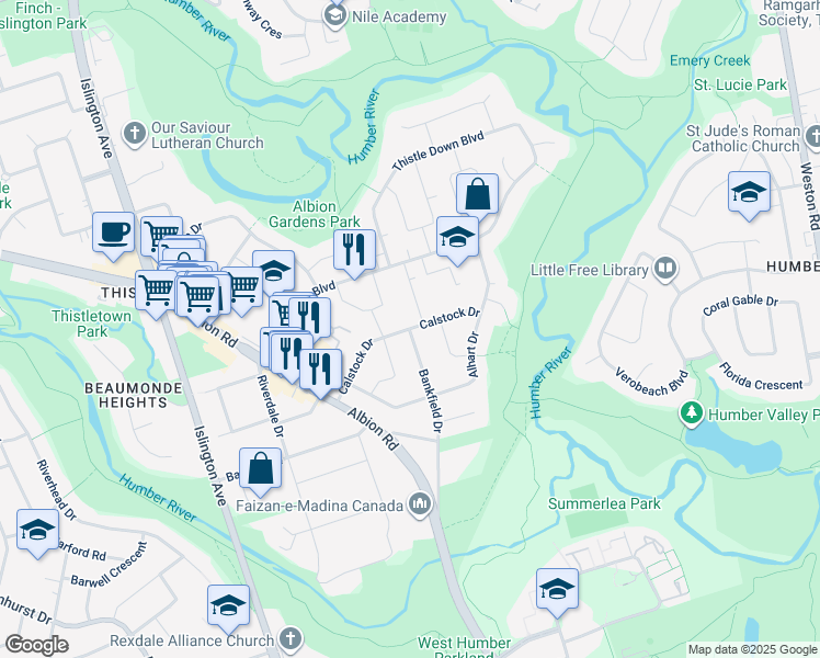 map of restaurants, bars, coffee shops, grocery stores, and more near Calstock Drive in Toronto