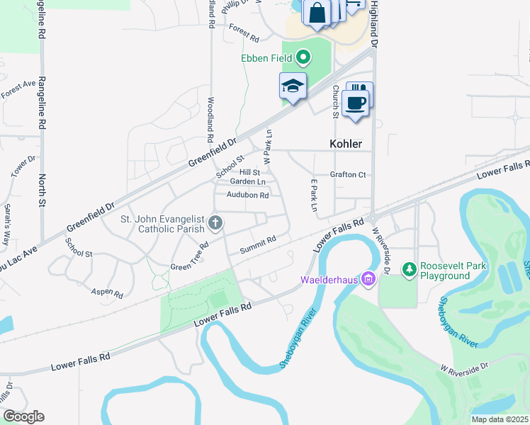 map of restaurants, bars, coffee shops, grocery stores, and more near 418 Summit Road in Kohler