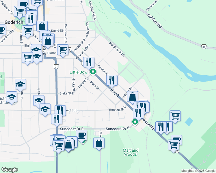 map of restaurants, bars, coffee shops, grocery stores, and more near 270 Huron Road in Goderich