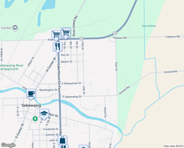 map of restaurants, bars, coffee shops, grocery stores, and more near 352 10th Street in Sebewaing