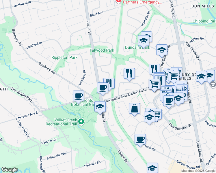 map of restaurants, bars, coffee shops, grocery stores, and more near 9 Tangmere Road in Toronto