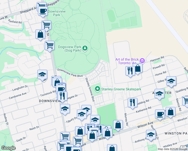 map of restaurants, bars, coffee shops, grocery stores, and more near 60 Thomas Mulholland Drive in Toronto