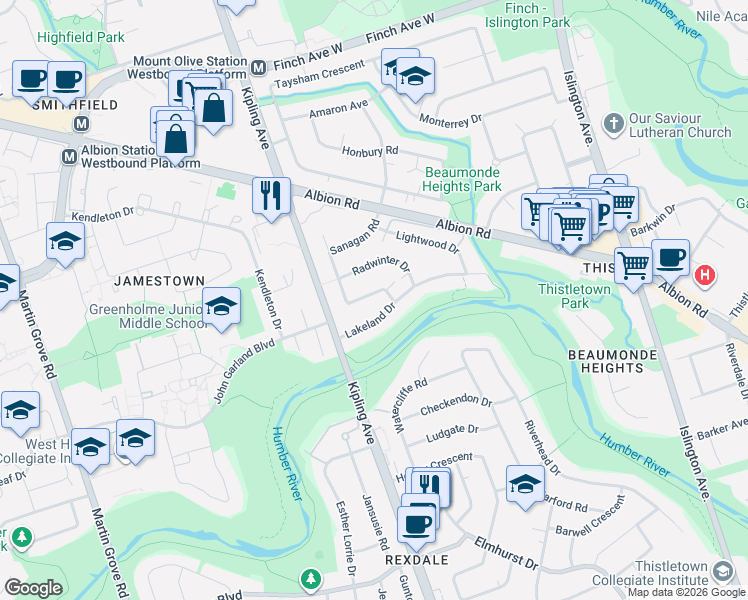 map of restaurants, bars, coffee shops, grocery stores, and more near 22 Lakeland Drive in Toronto