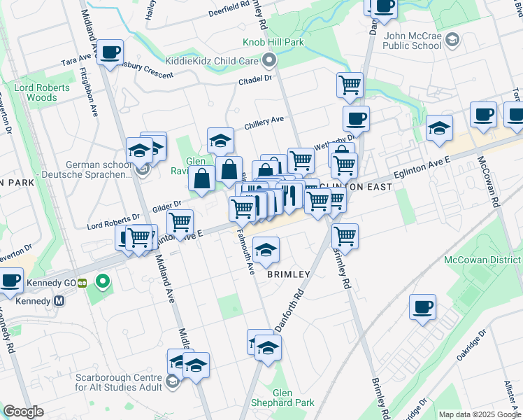 map of restaurants, bars, coffee shops, grocery stores, and more near 2653 Eglinton Avenue East in Toronto