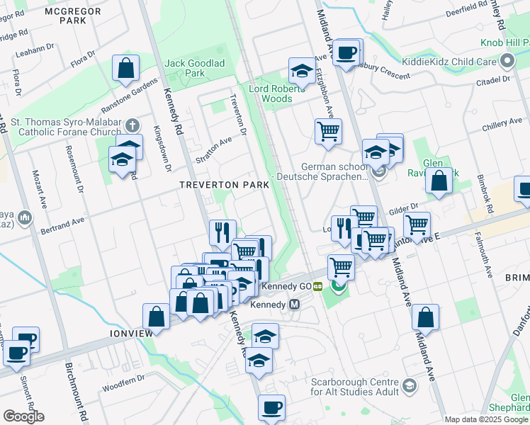 map of restaurants, bars, coffee shops, grocery stores, and more near in Toronto