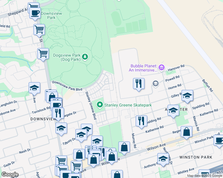 map of restaurants, bars, coffee shops, grocery stores, and more near 134 William Duncan Road in Toronto