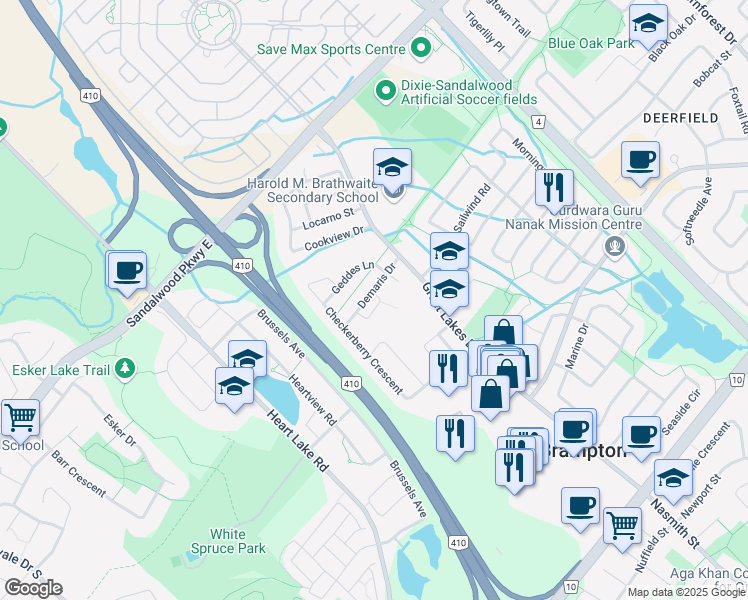 map of restaurants, bars, coffee shops, grocery stores, and more near 26 Lillian Crescent in Brampton