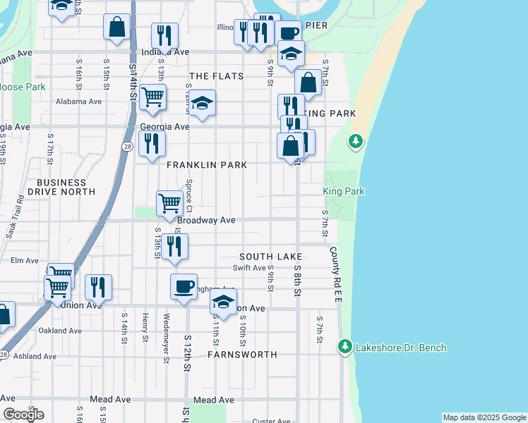 map of restaurants, bars, coffee shops, grocery stores, and more near 919 Broadway Avenue in Sheboygan
