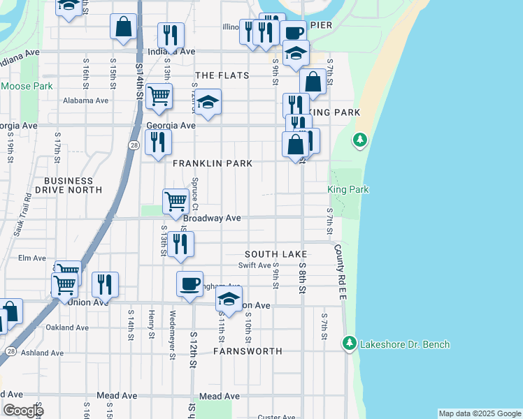 map of restaurants, bars, coffee shops, grocery stores, and more near 919A Broadway Avenue in Sheboygan