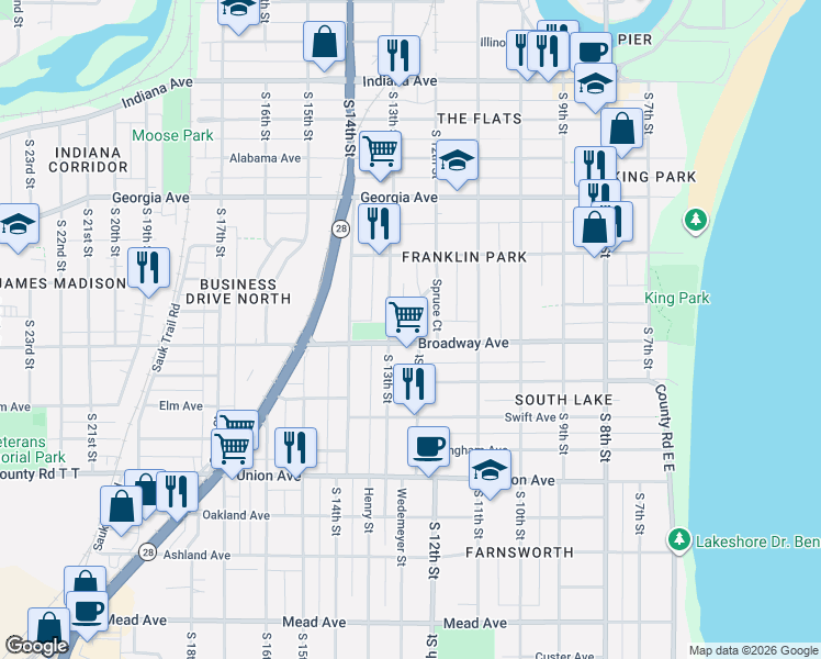map of restaurants, bars, coffee shops, grocery stores, and more near 1705 South 12th Street in Sheboygan