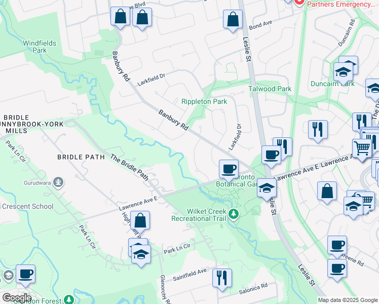 map of restaurants, bars, coffee shops, grocery stores, and more near 16 Brian Cliff Drive in Toronto