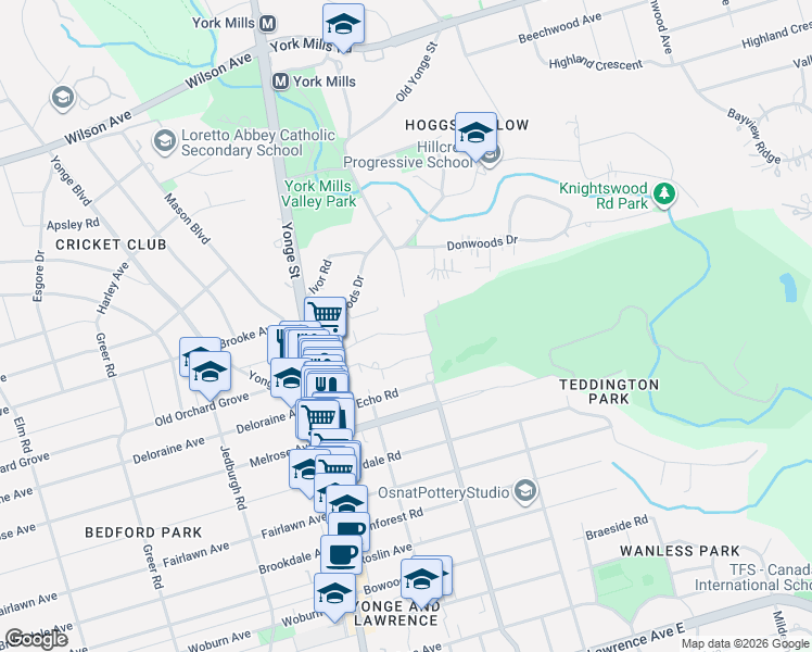 map of restaurants, bars, coffee shops, grocery stores, and more near 20 Forest Glen Crescent in Toronto
