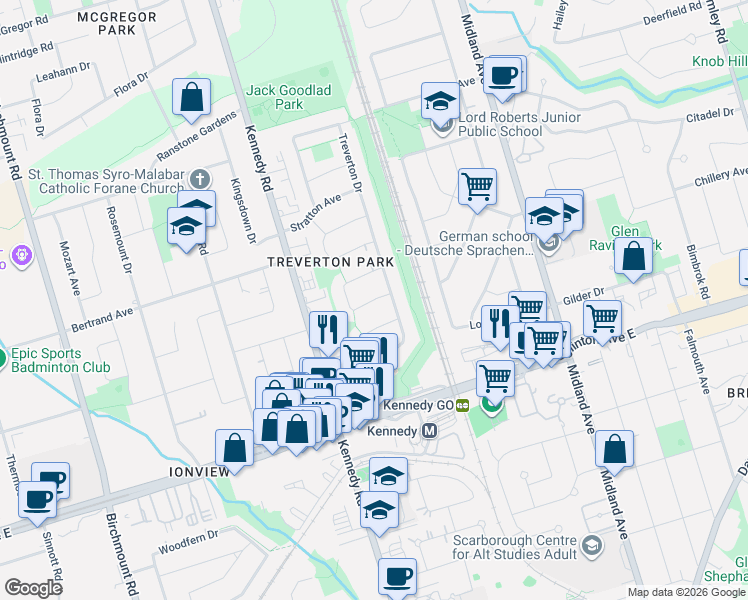 map of restaurants, bars, coffee shops, grocery stores, and more near Oakworth Crescent in Toronto