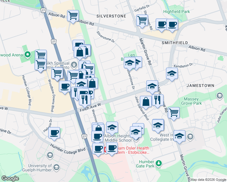 map of restaurants, bars, coffee shops, grocery stores, and more near in Toronto